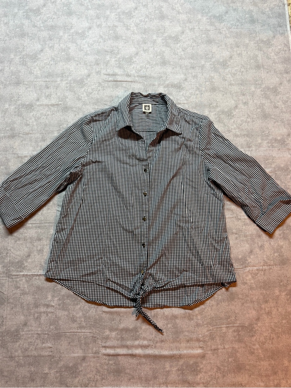 Anne Klein Black & White Gingham Button-Front Shirt with Tie Hem
